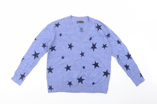 Marks and Spencer Womens Blue V-Neck Geometric Cotton Pullover Jumper Size S   - Star Print