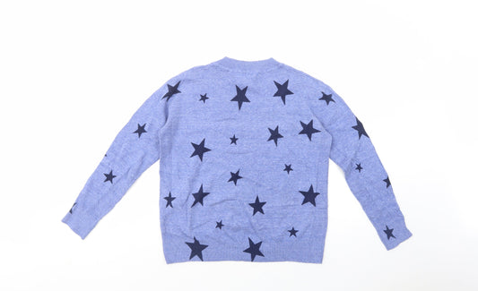 Marks and Spencer Womens Blue V-Neck Geometric Cotton Pullover Jumper Size S   - Star Print