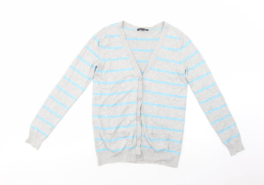River Island Womens Grey V-Neck Striped Viscose Cardigan Jumper Size 10