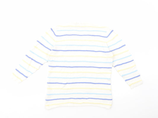 Isle Womens White V-Neck Striped Cotton Pullover Jumper Size 10