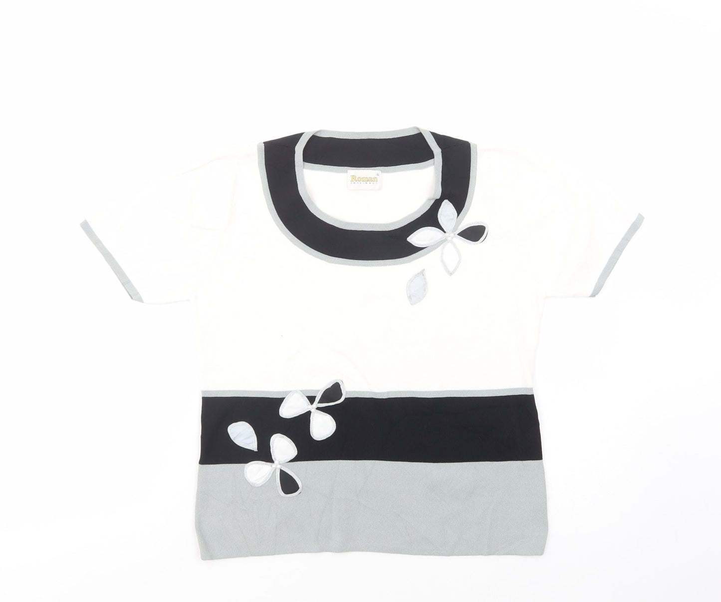 Roman Womens White Striped Viscose Basic Blouse Size S Scoop Neck - Flower Detail