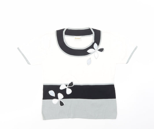 Roman Womens White Striped Viscose Basic Blouse Size S Scoop Neck - Flower Detail