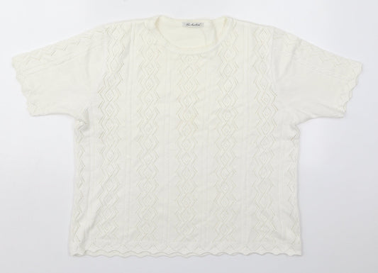 Berkertex Womens White Crew Neck Geometric Cotton Pullover Jumper Size L