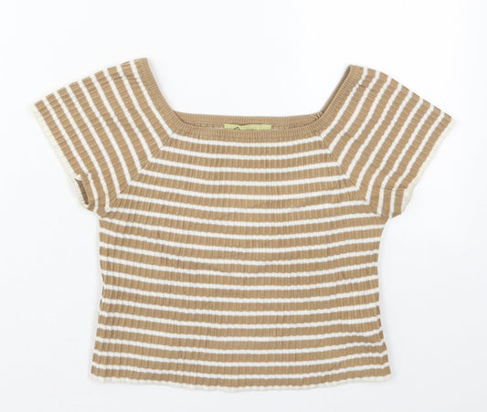 Rosario Womens Beige Striped Polyester Cropped T-Shirt Size M Square Neck