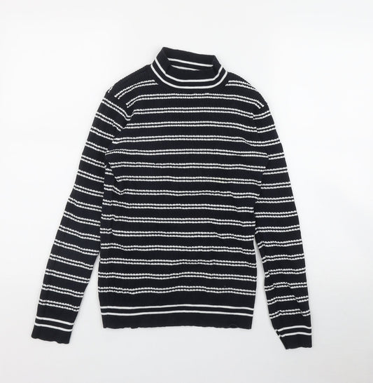 Savida Womens Blue Mock Neck Striped Cotton Pullover Jumper Size L