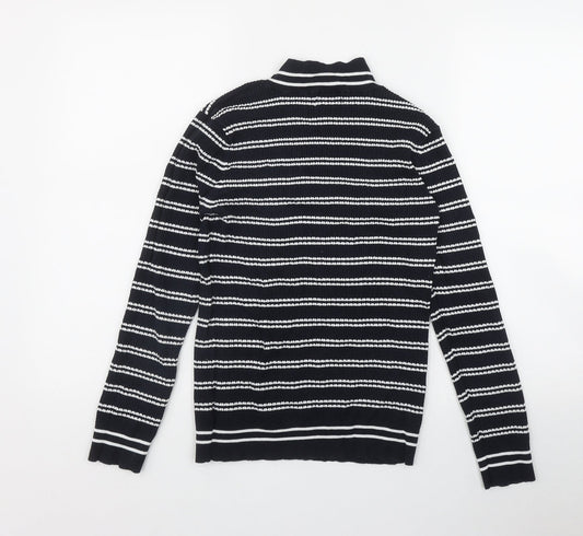 Savida Womens Blue Mock Neck Striped Cotton Pullover Jumper Size L