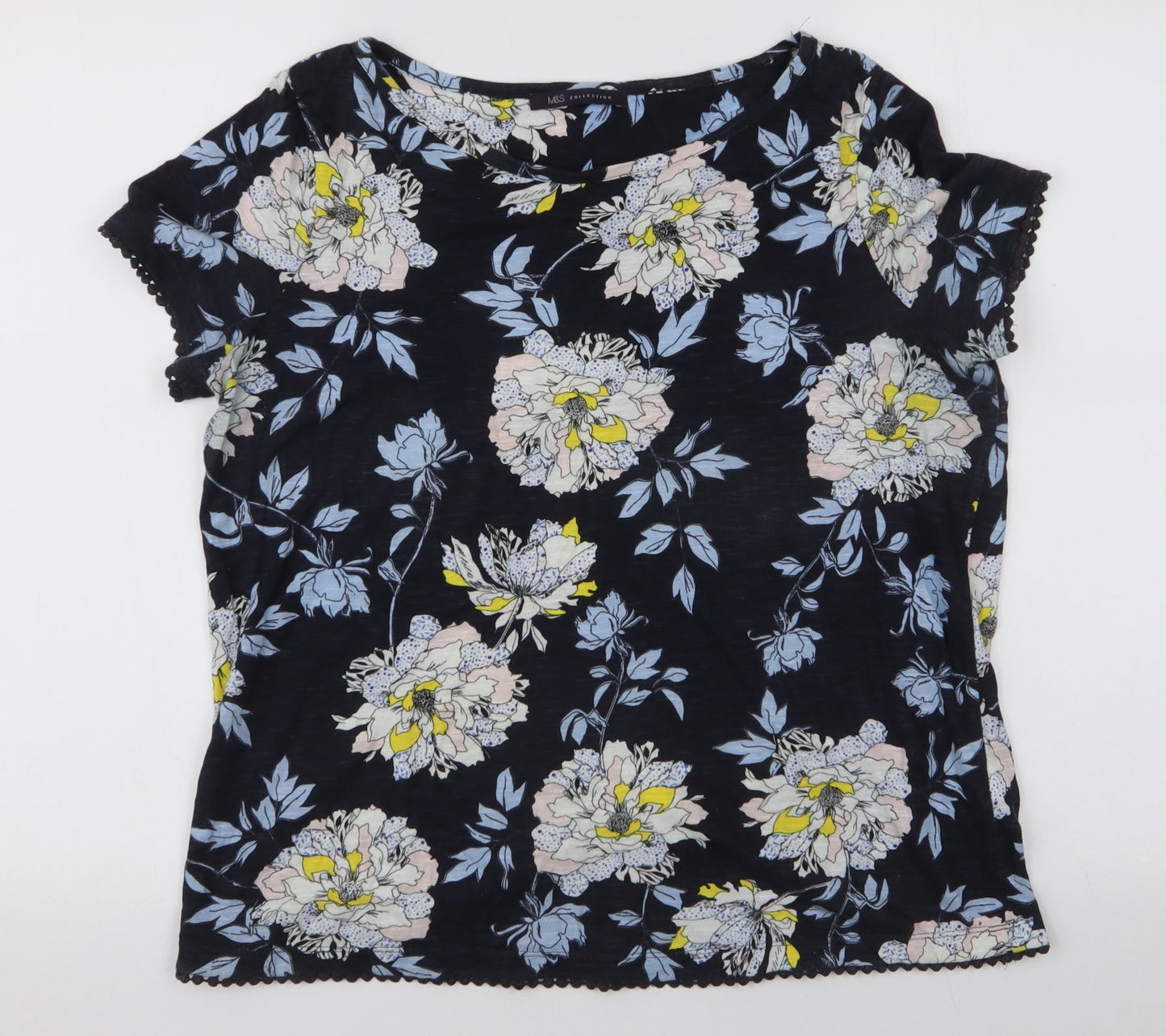 Marks and Spencer Womens Multicoloured Floral 100% Cotton Jersey T-Shirt Size 12 Round Neck