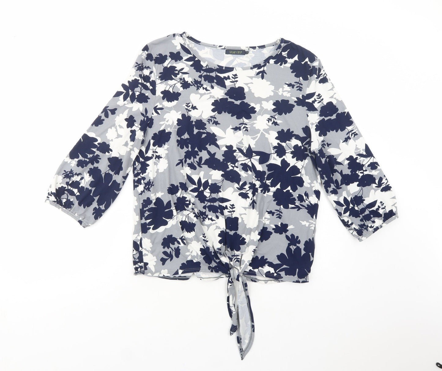 Sugar Crisp Womens Grey Floral Polyester Basic Blouse Size 12 Boat Neck