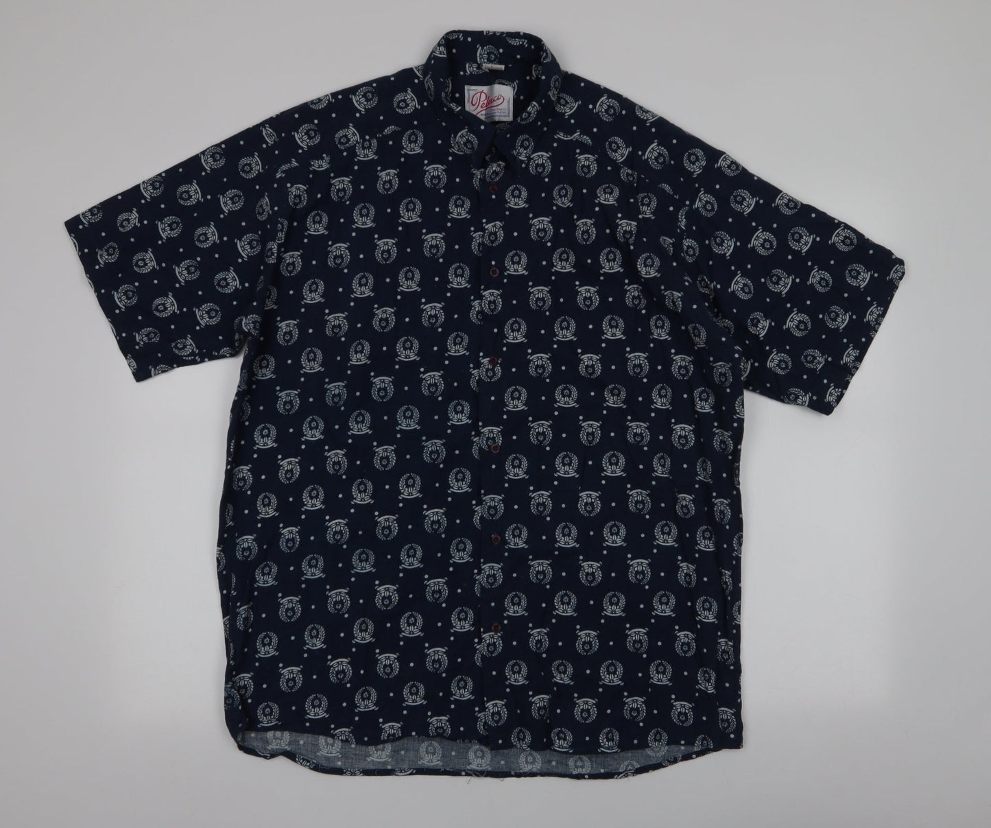 Pelaco Mens Blue Geometric Polyester  Button-Up Size L Collared Button