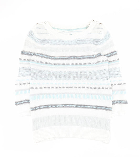 Mataray Womens White Boat Neck Striped 100% Cotton Pullover Jumper Size 10
