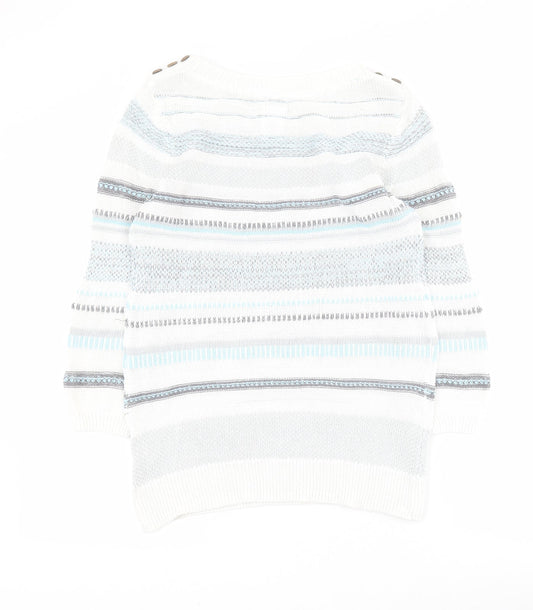 Mataray Womens White Boat Neck Striped 100% Cotton Pullover Jumper Size 10