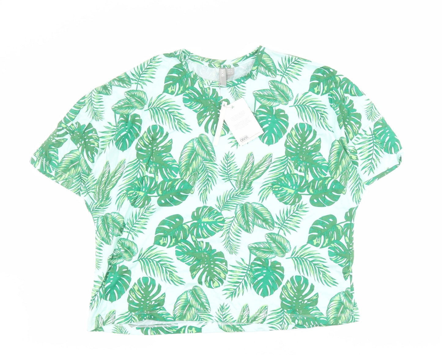 ASOS Womens Green  100% Cotton Cropped T-Shirt Size 6 Round Neck - Leaf print