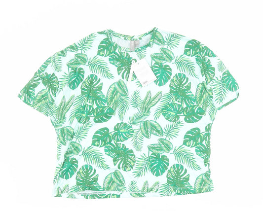 ASOS Womens Green  100% Cotton Cropped T-Shirt Size 6 Round Neck - Leaf print