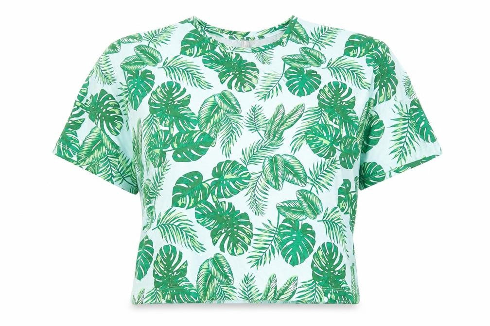 ASOS Womens Green  100% Cotton Cropped T-Shirt Size 6 Round Neck - Leaf print