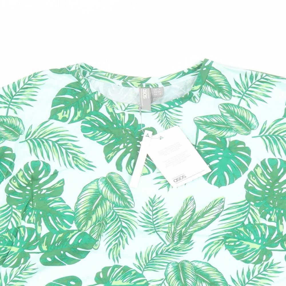 ASOS Womens Green  100% Cotton Cropped T-Shirt Size 6 Round Neck - Leaf print