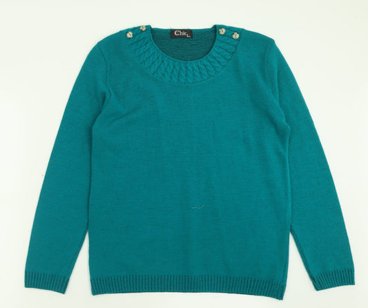 CHIC Womens Green Crew Neck  Acrylic Pullover Jumper Size M