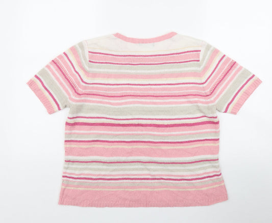 BM Womens Pink Round Neck Striped Acrylic Pullover Jumper Size M