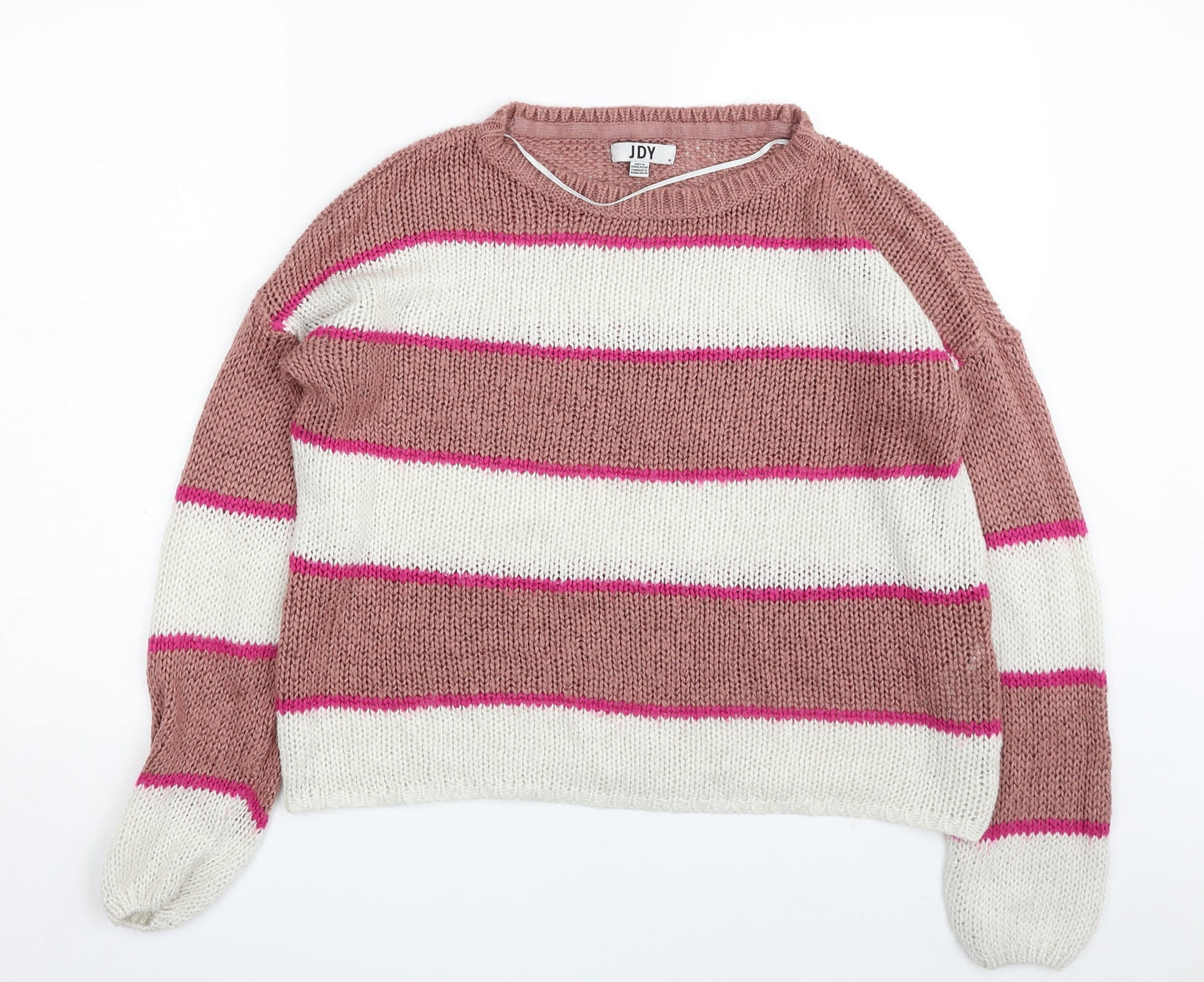 Only Womens Pink Crew Neck Striped Acrylic Pullover Jumper Size M