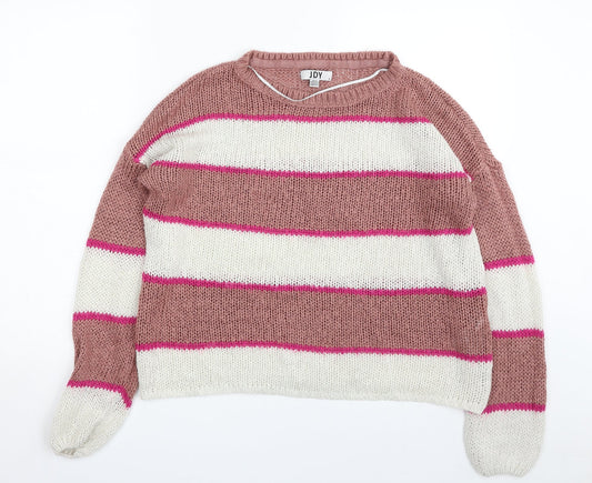 Only Womens Pink Crew Neck Striped Acrylic Pullover Jumper Size M