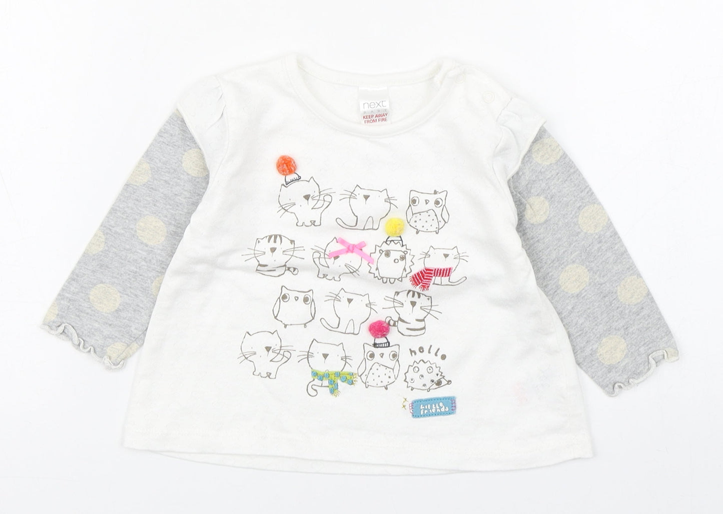 NEXT Girls White  Cotton Basic T-Shirt Size 6-9 Months Round Neck Pullover - Cats