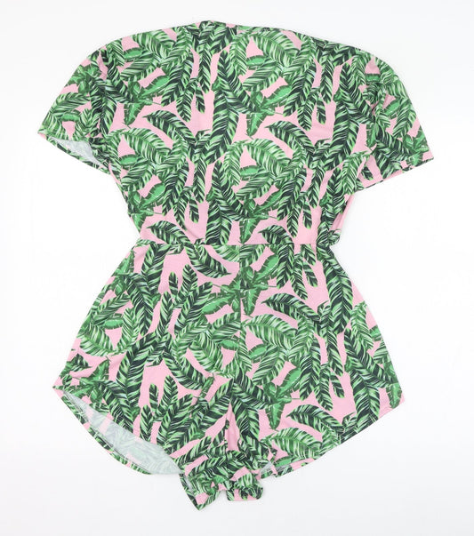 PRETTYLITTLETHING Womens Green Floral Polyester Playsuit One-Piece Size 12  Tie