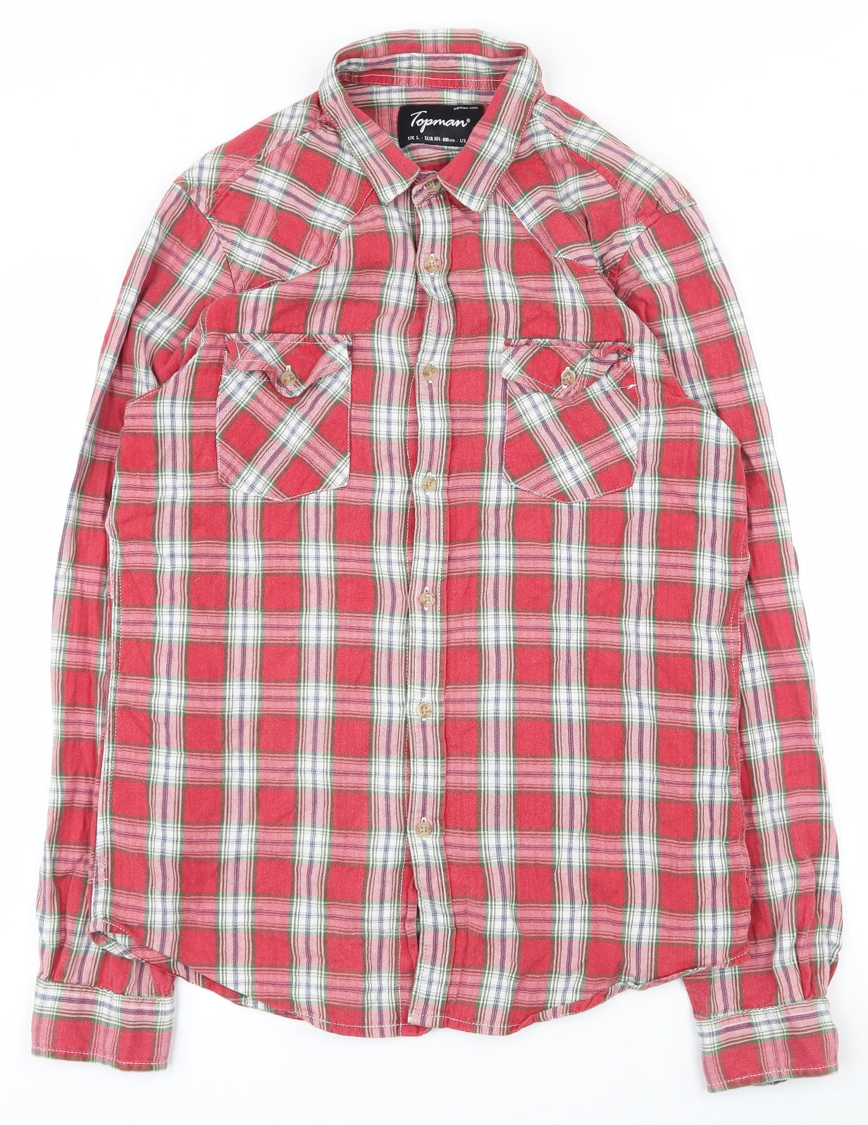 Topman Mens Red Plaid Polyester  Button-Up Size L Collared Button
