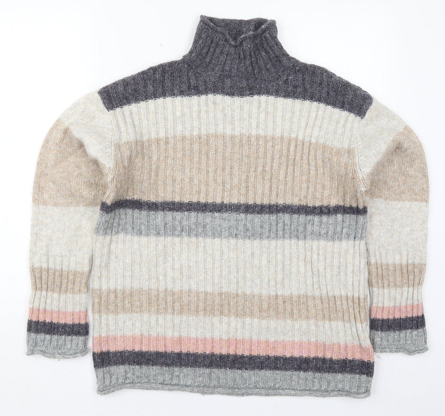 Marks and Spencer Womens Beige High Neck Striped Acrylic Pullover Jumper Size M