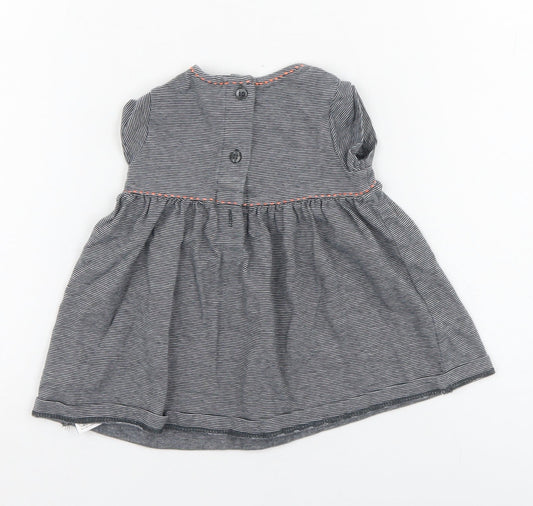 NEXT Girls Grey Striped 100% Cotton Skater Dress  Size 0-3 Months  Round Neck Button