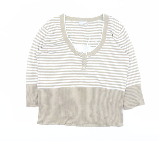 HEINE Womens Beige Scoop Neck Striped 100% Cotton Pullover Jumper Size 14