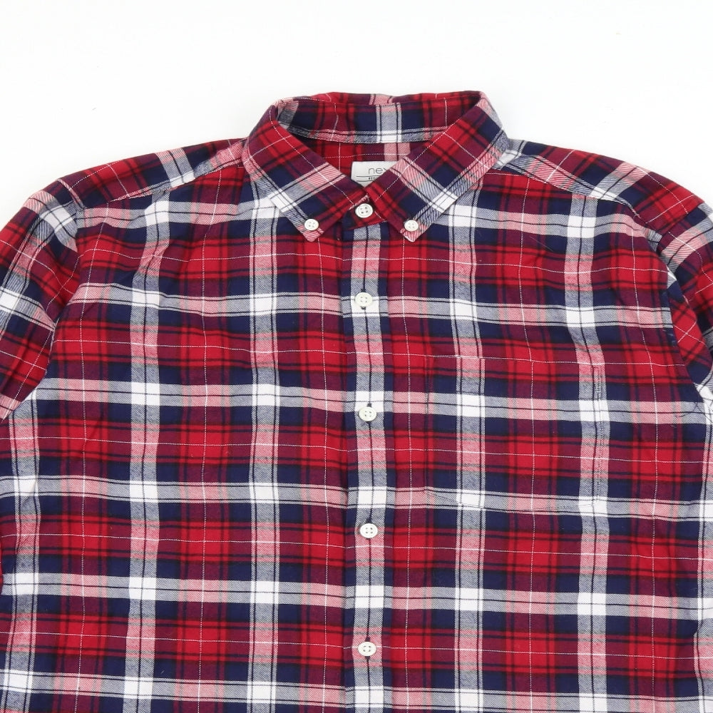 NEXT Mens Red Plaid Cotton  Button-Up Size S Collared Button