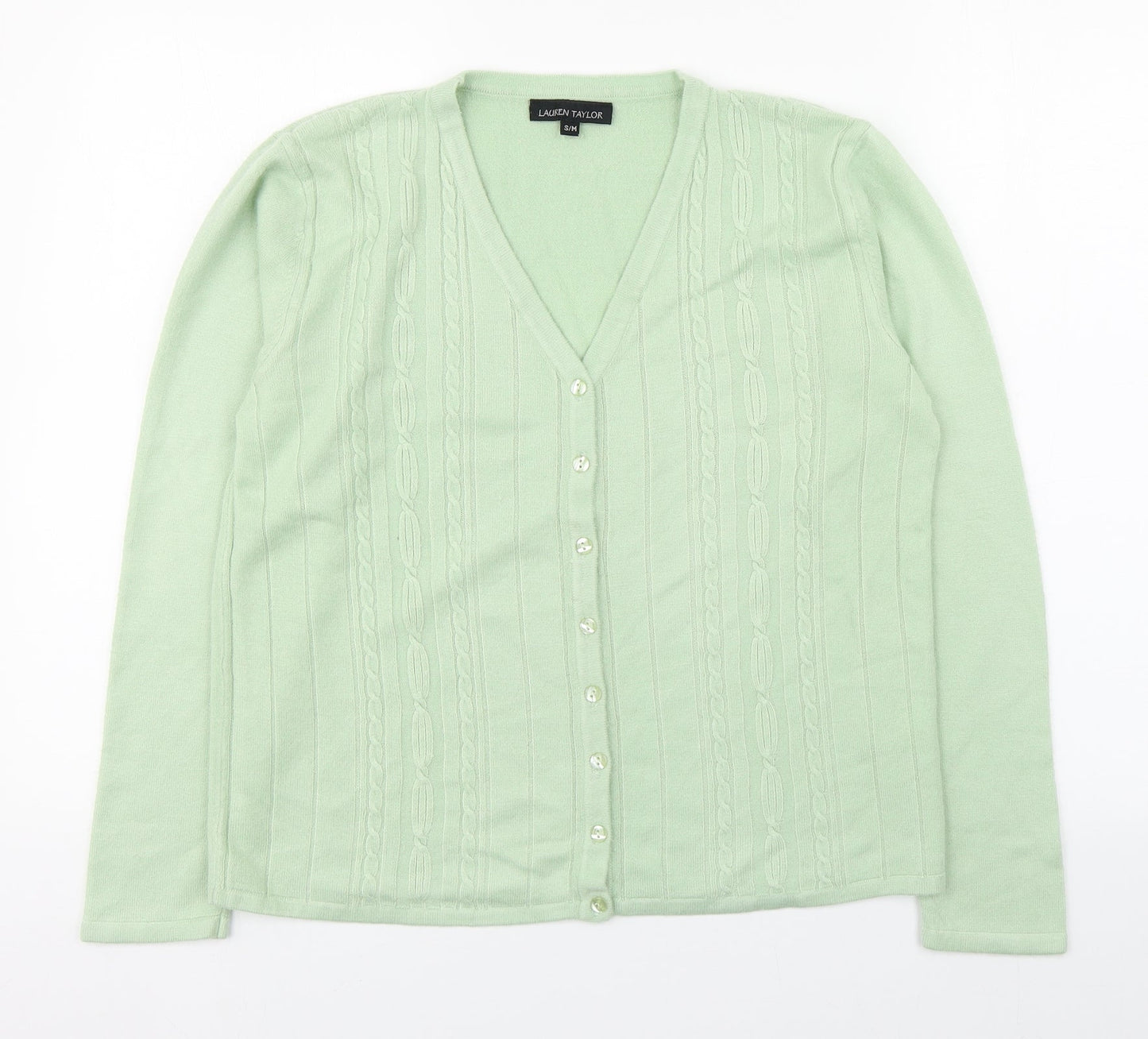 Lauren Taylor Womens Green V-Neck  Acrylic Cardigan Jumper Size S