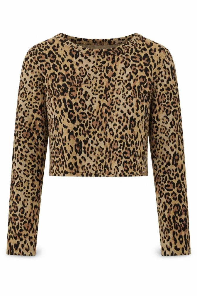 Zara Womens Beige Animal Print Cotton Cropped Blouse Size S Round Neck