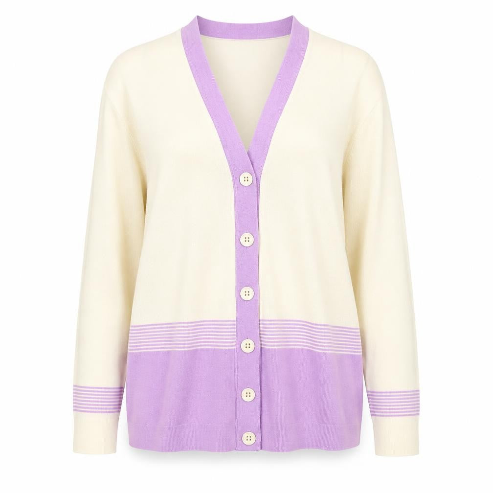 Johnstons Womens Ivory V-Neck Striped Cotton Cardigan Jumper Size XL