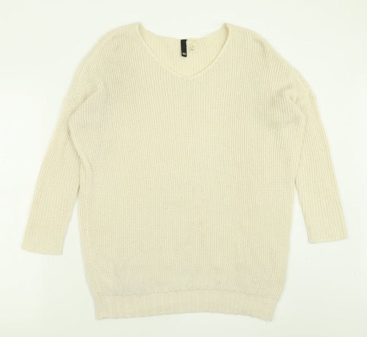 H&M Womens Ivory V-Neck  Acrylic Pullover Jumper Size XS