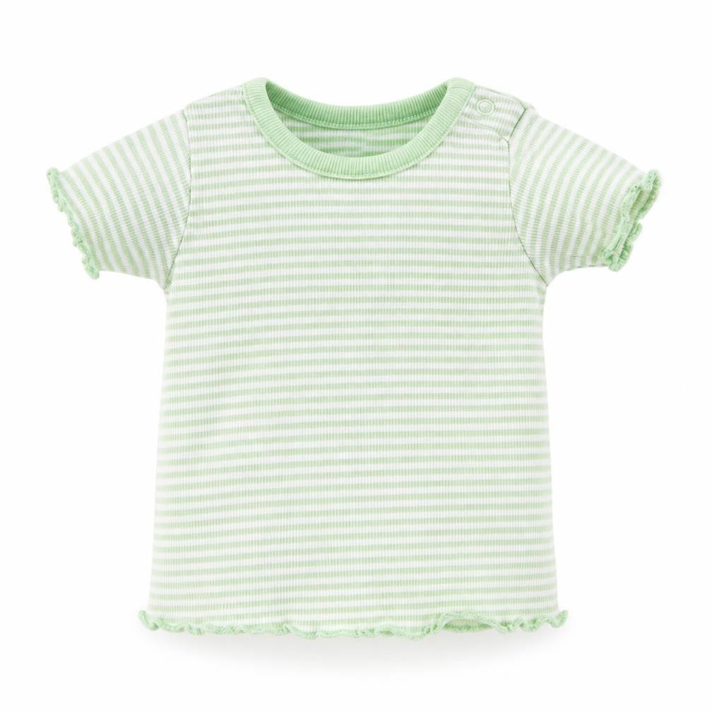 Marks and Spencer Baby Green Striped Cotton Pullover T-Shirt Size 0-3 Months Crew Neck Snap