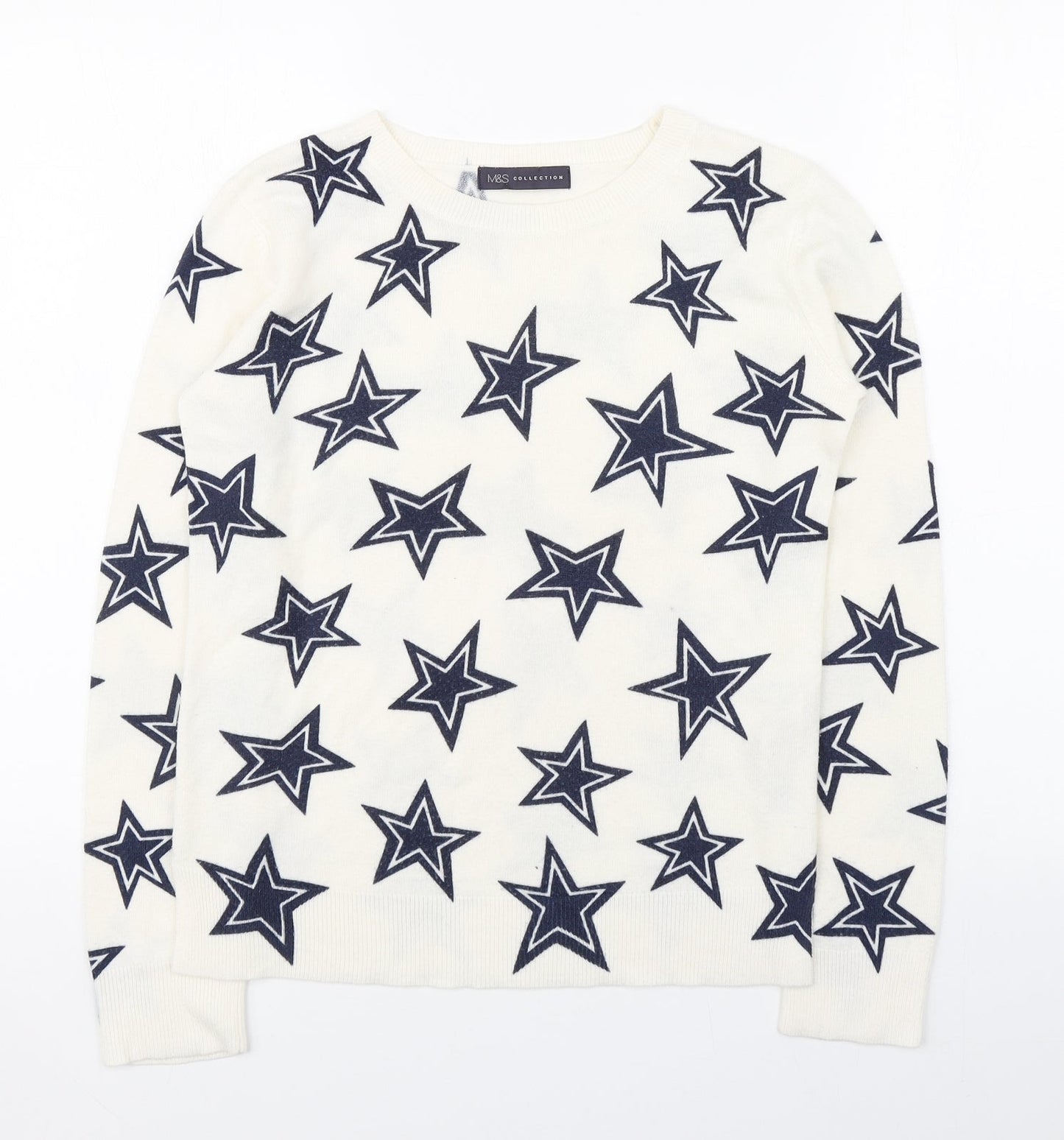 Marks and Spencer Womens White Round Neck Geometric Acrylic Pullover Jumper Size 8
