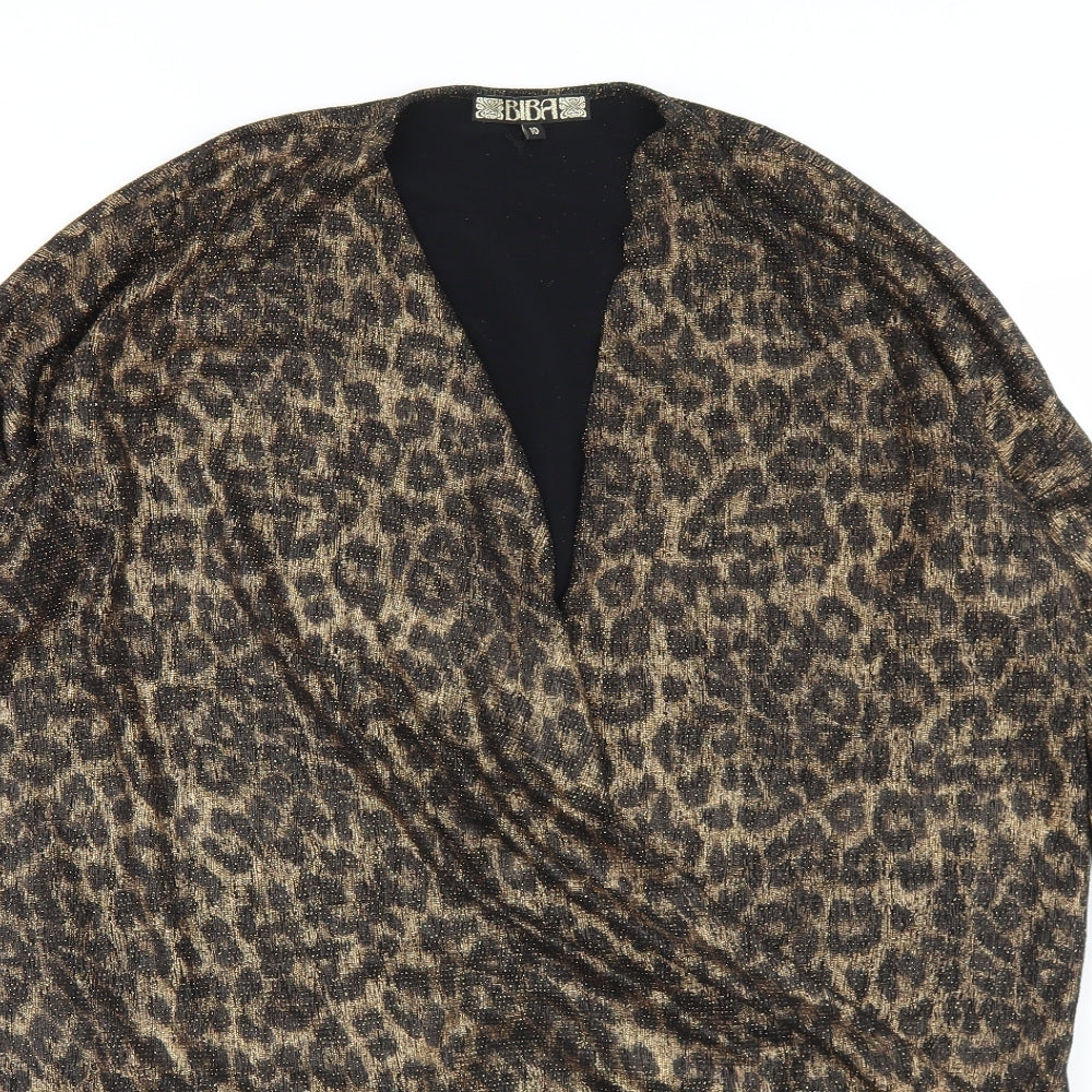 BiBA Womens Beige Animal Print Nylon Basic Blouse Size 10 V-Neck