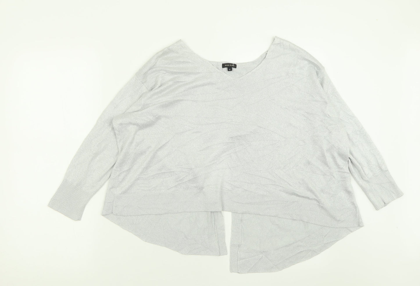 River Island Womens Silver V-Neck  Viscose Pullover Jumper Size 12