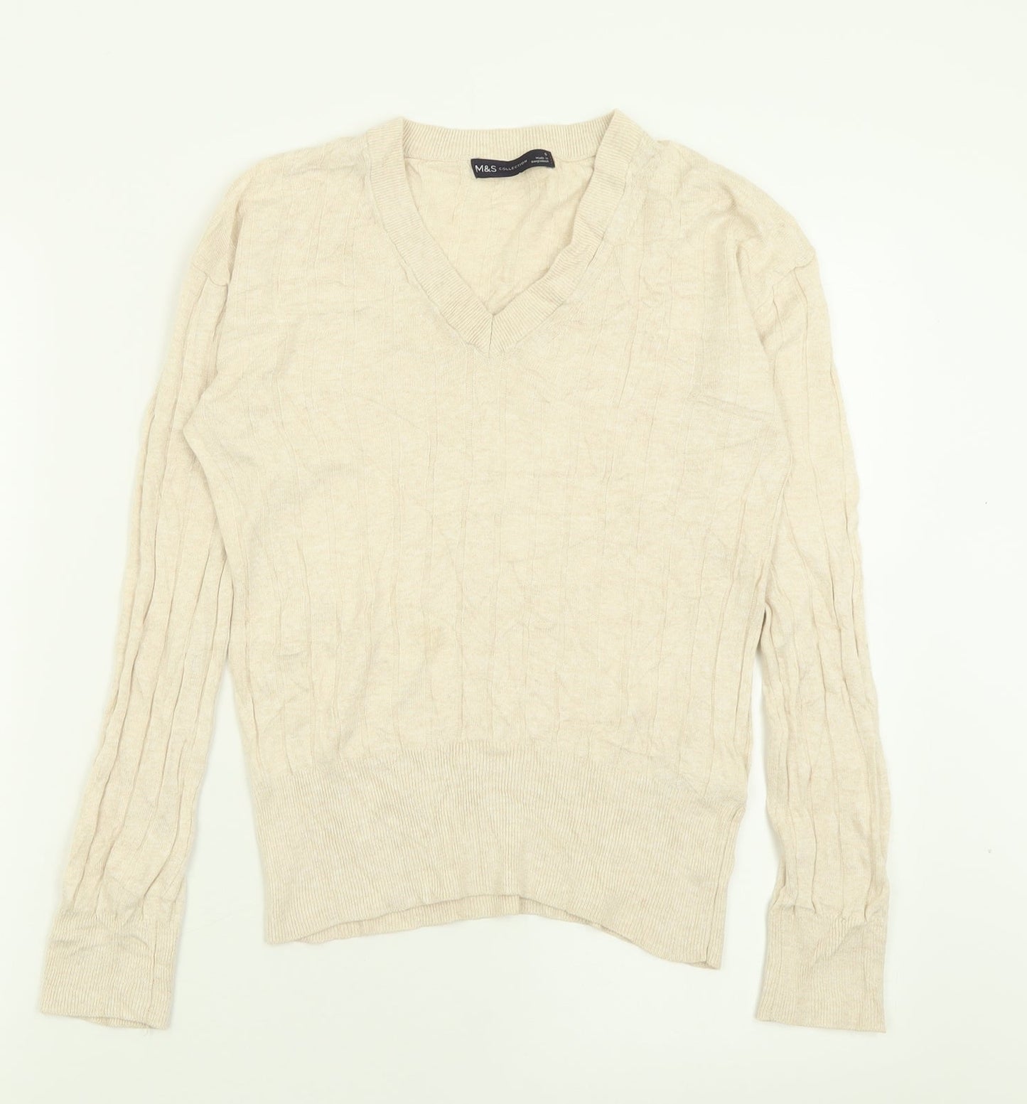 Marks and Spencer Womens Beige V-Neck  Viscose Pullover Jumper Size S