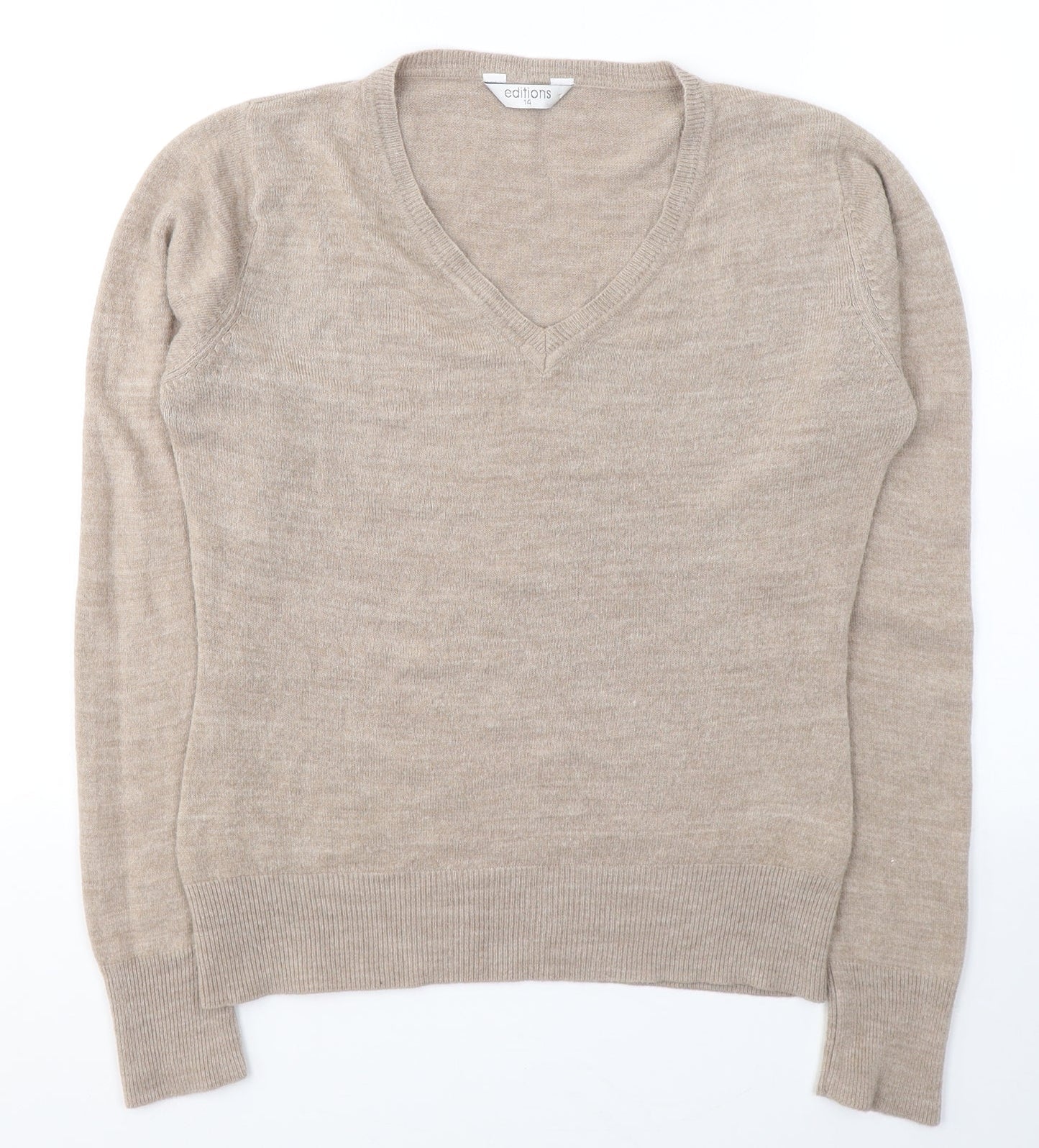 EDITIONS Womens Beige V-Neck  Acrylic Pullover Jumper Size 14