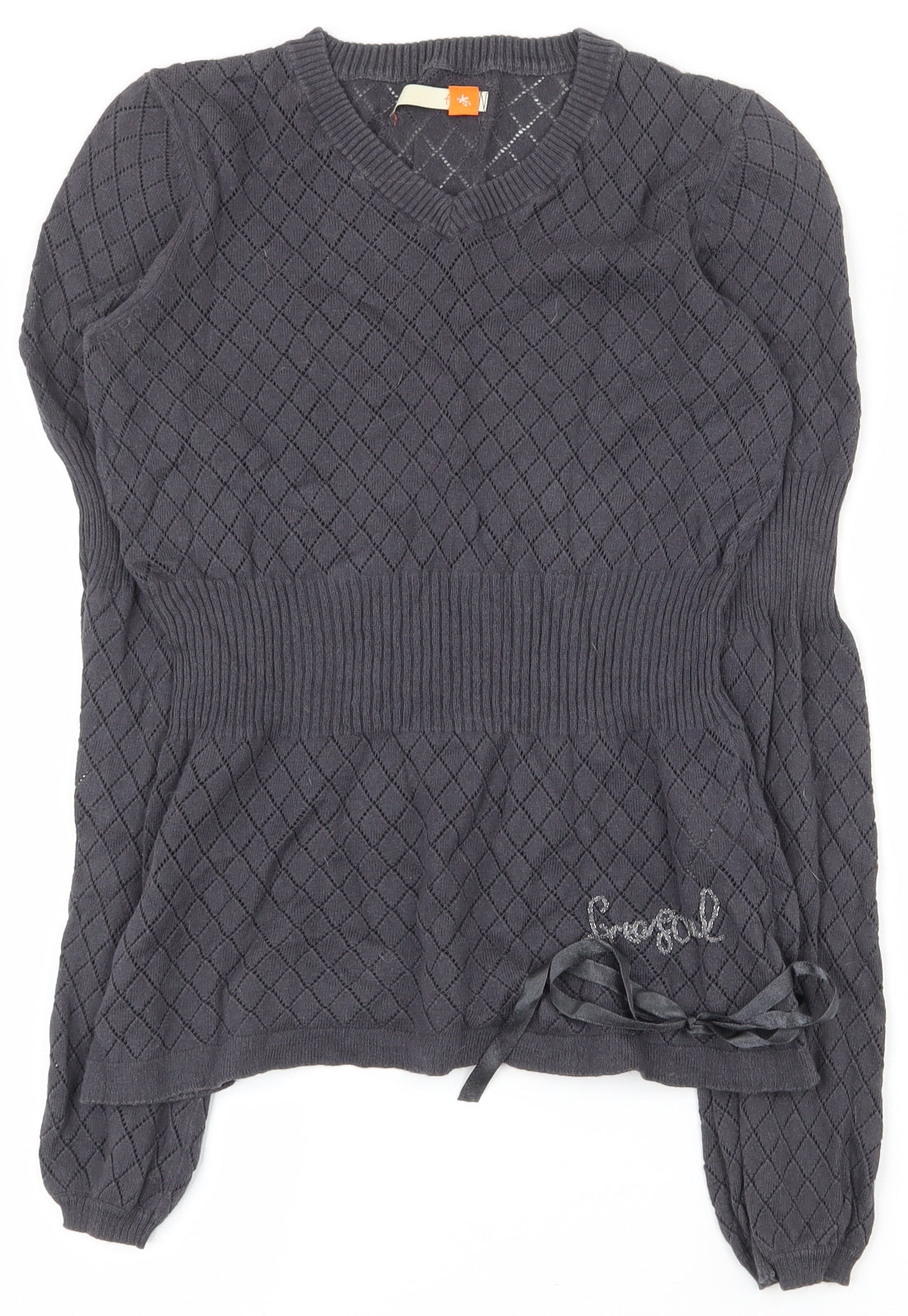 Freesoul Womens Grey V-Neck Argyle/Diamond Cotton Pullover Jumper Size S