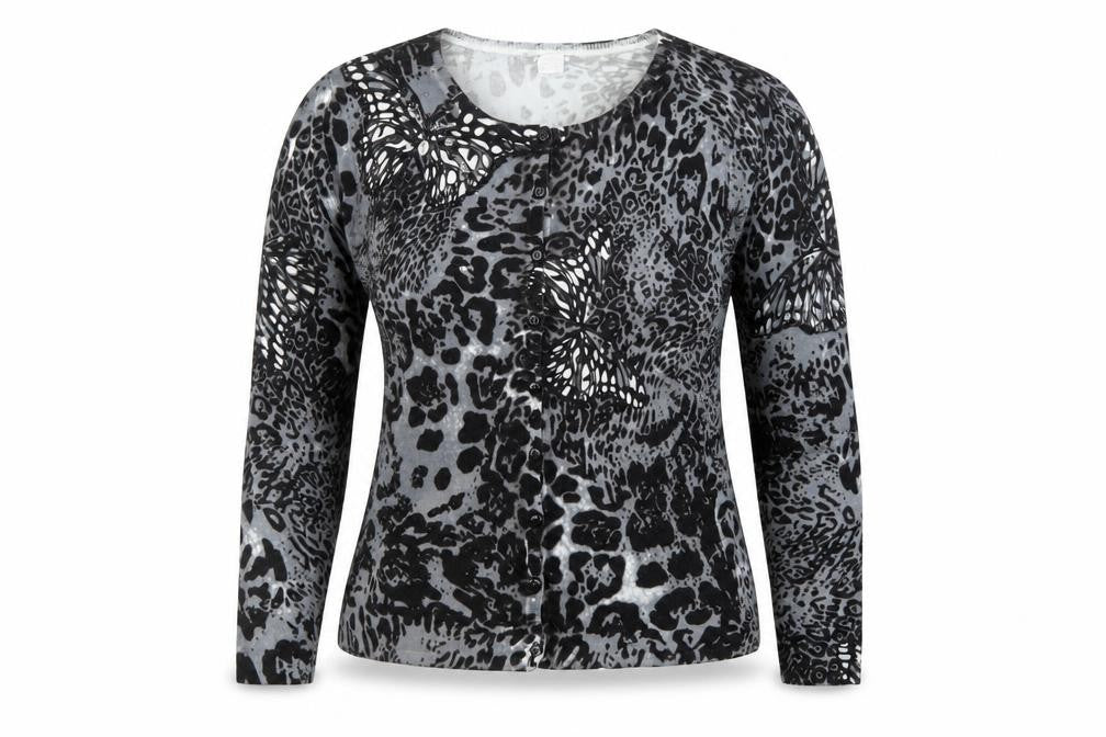 Astrid Womens Grey Scoop Neck Animal Print Viscose Cardigan Jumper Size M