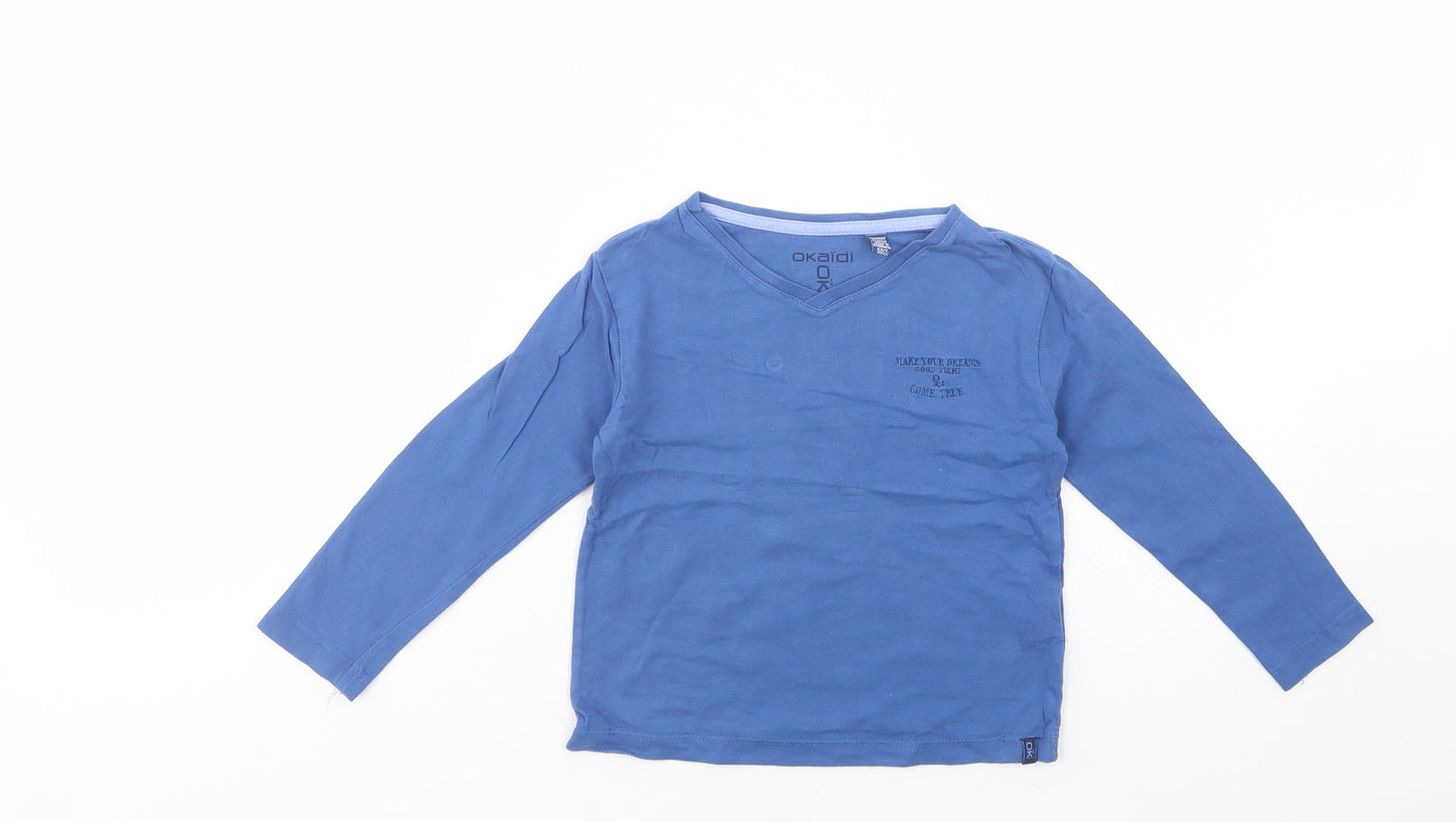 Okaidi Boys Blue  Cotton Basic T-Shirt Size 4 Years V-Neck Pullover