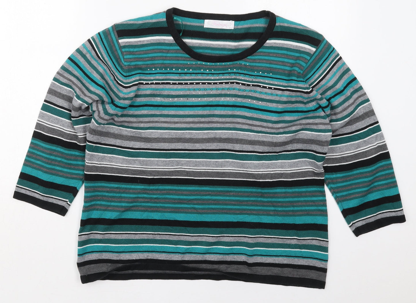Fabrizio Womens Green Round Neck Striped Acrylic Pullover Jumper Size XL