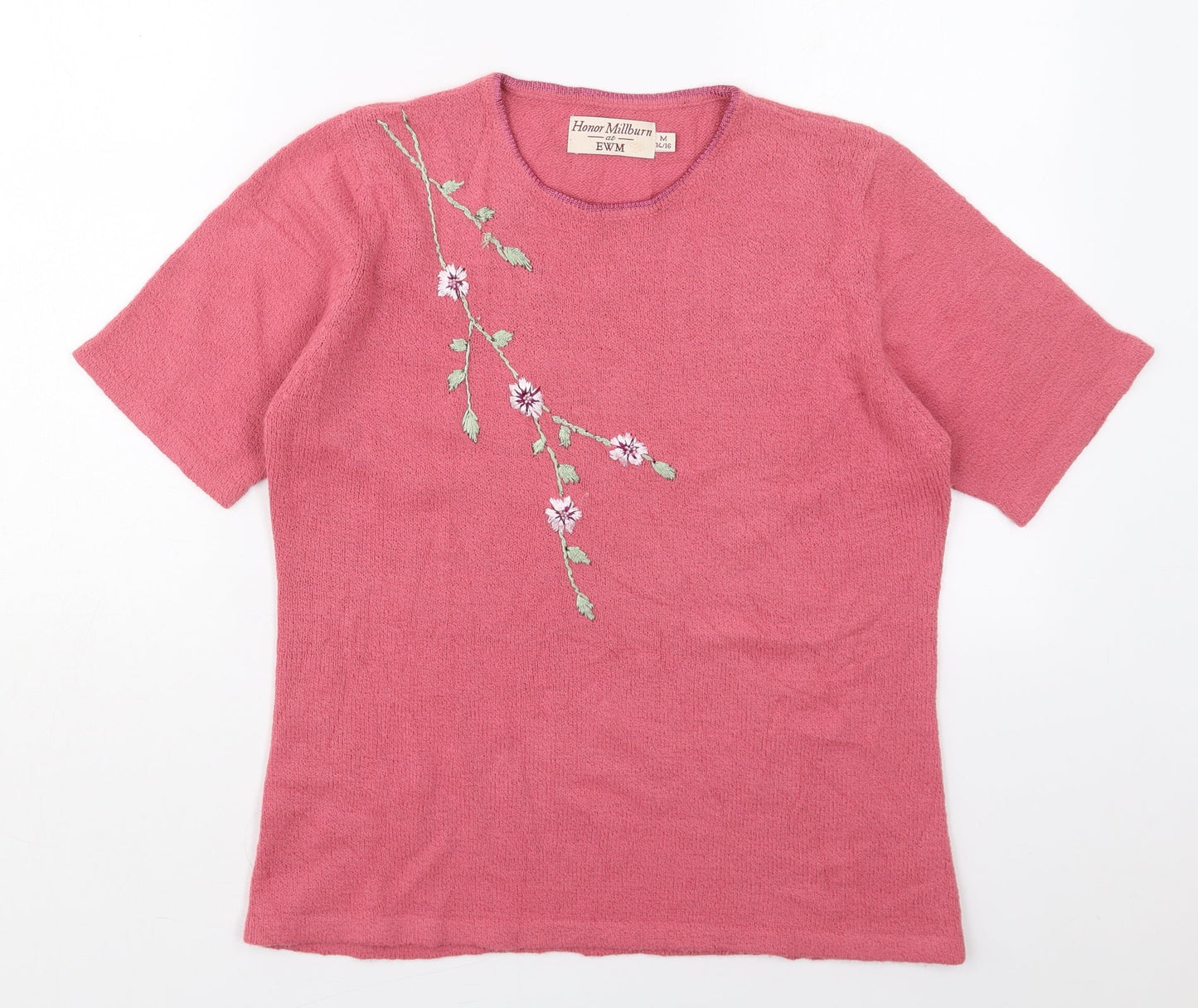 EWM Womens Pink Round Neck Floral Acrylic Pullover Jumper Size 14