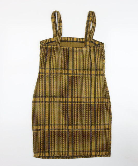 Primark Womens Yellow Plaid Polyester Shift  Size 8  Square Neck Pullover
