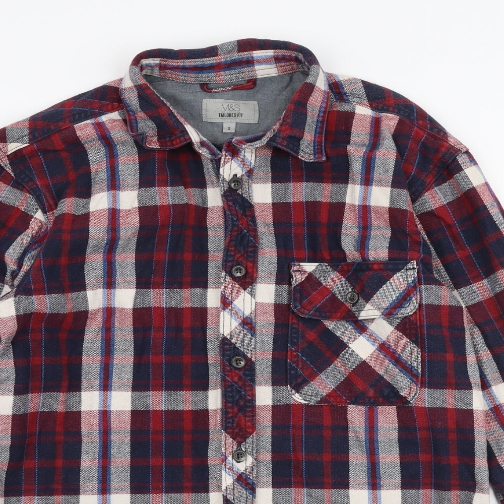 Marks and Spencer Mens Multicoloured Plaid Cotton  Button-Up Size S Collared Button