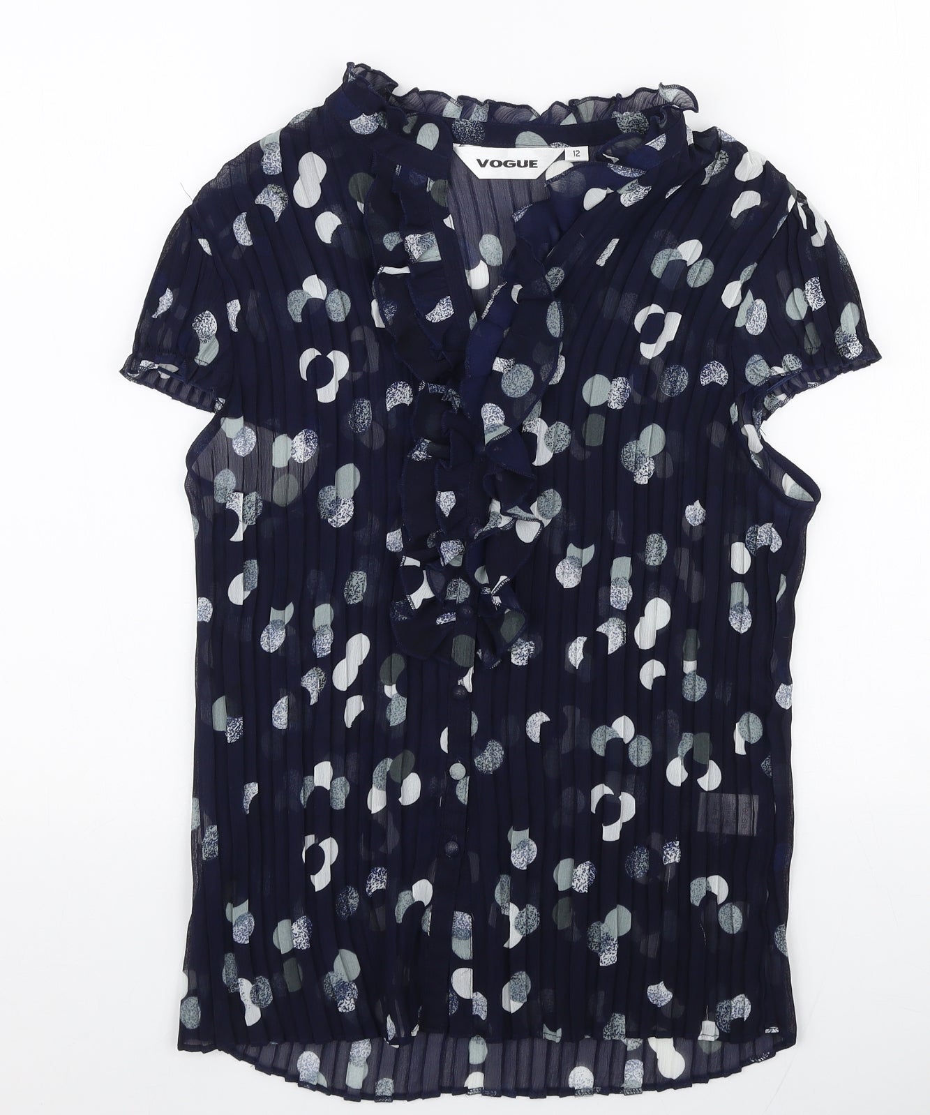Vogue Womens Blue Polka Dot Polyester Basic Blouse Size 12 High Neck