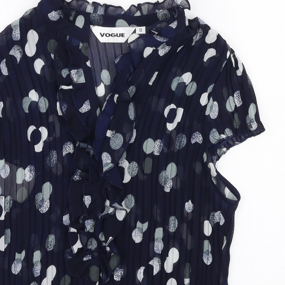 Vogue Womens Blue Polka Dot Polyester Basic Blouse Size 12 High Neck