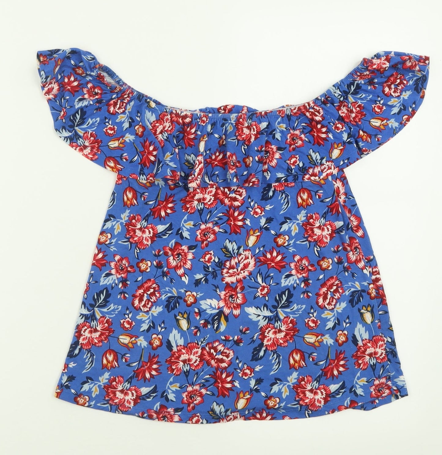 Springfield Womens Blue Floral Viscose Basic T-Shirt Size XS Off the Shoulder